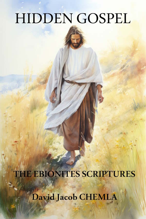 Couverture de 'L'Évangile secret des premiers chrétiens – Un essai de reconstitution de l'Évangile des Ébionites' par David – format portrait ancien parchemin stylisé